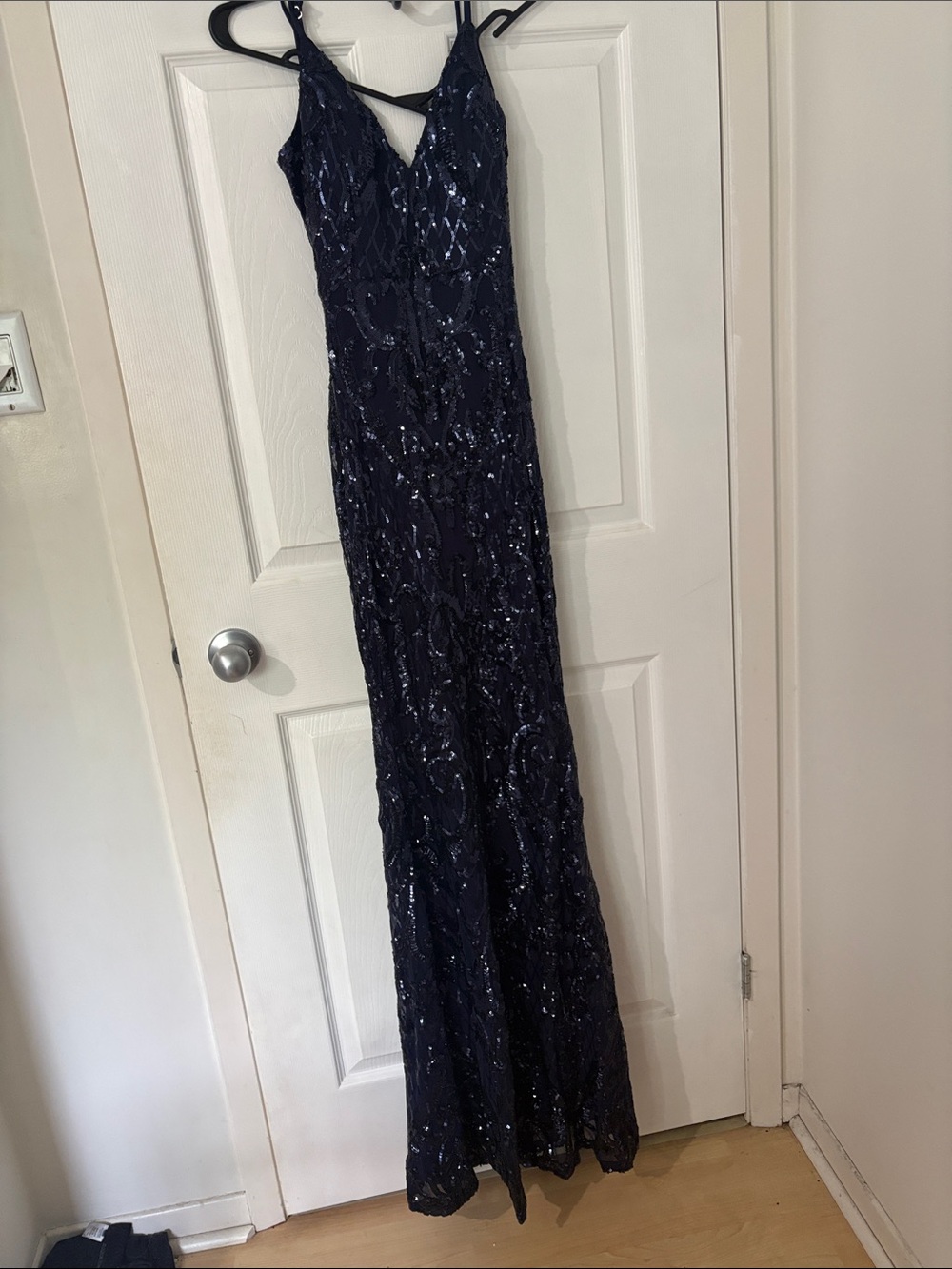 Navy Sequin V-Neck Spaghetti Strap Prom Dress